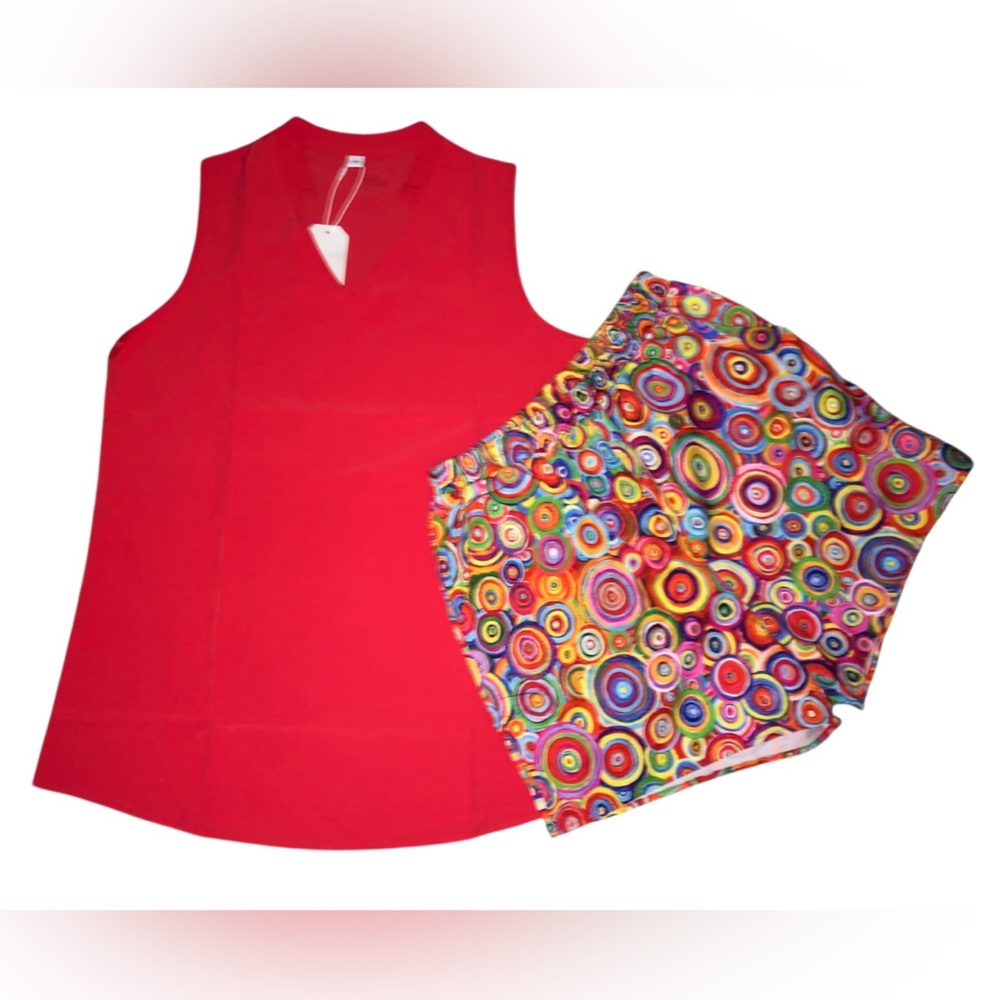 Vibrant Red Top with Colorful Patterned Shorts
